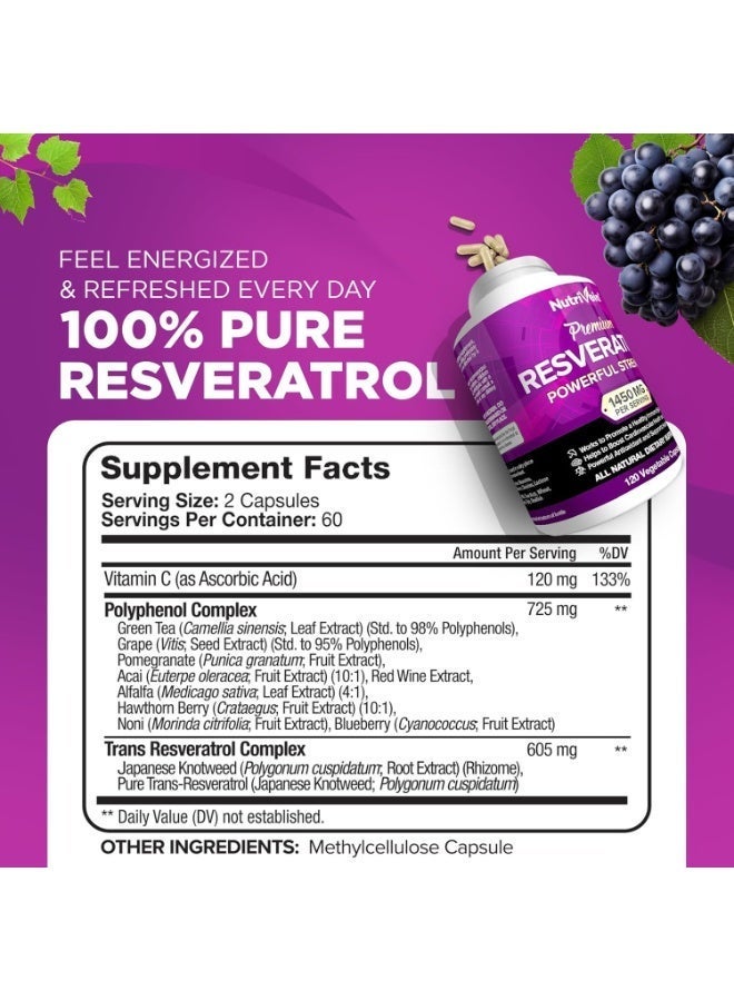 Nutrivein Resveratrol 1450mg - Antioxidant Supplement 120 Capsules – Supports Healthy Aging and Promotes Immune, Brain Boost and Joint Support - Made with Trans-Resveratrol, Green Tea Leaf, Acai Berry - Image 2