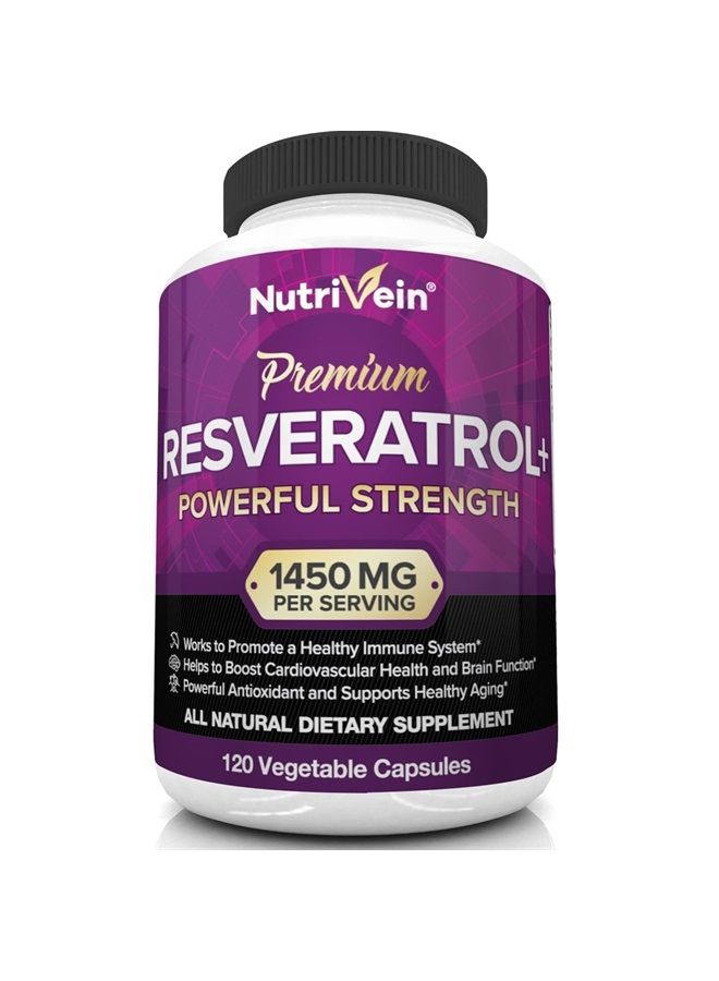 Nutrivein Resveratrol 1450mg - Antioxidant Supplement 120 Capsules – Supports Healthy Aging and Promotes Immune, Brain Boost and Joint Support - Made with Trans-Resveratrol, Green Tea Leaf, Acai Berry - Image 1