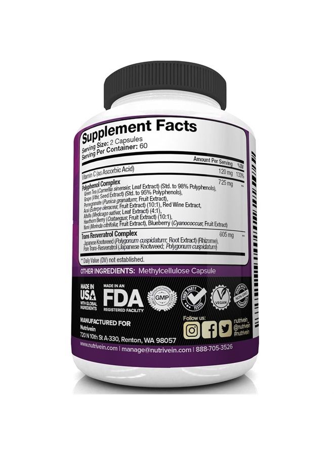 Nutrivein Resveratrol 1450mg - Antioxidant Supplement 120 Capsules – Supports Healthy Aging and Promotes Immune, Brain Boost and Joint Support - Made with Trans-Resveratrol, Green Tea Leaf, Acai Berry - Image 4