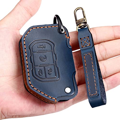EASYANT Genuine Leather Car Key Fob Cover Compatible with Jeep 2018-2024 Gladiator Wrangler Sahara Rubicon 4 Buttons Blue - Image 1