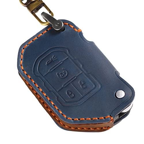 EASYANT Genuine Leather Car Key Fob Cover Compatible with Jeep 2018-2024 Gladiator Wrangler Sahara Rubicon 4 Buttons Blue - Image 3