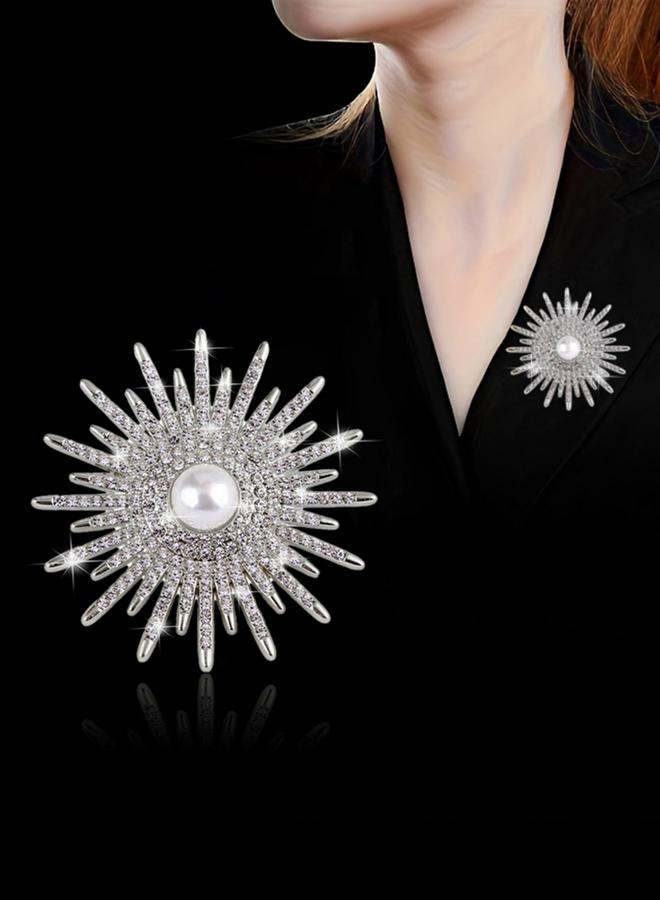 Take Two Silver Crystal Sunburst Brooch with Faux Pearl - Image 1