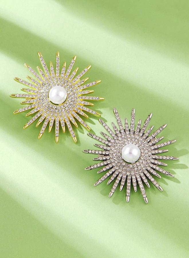 Take Two Silver Crystal Sunburst Brooch with Faux Pearl - Image 4