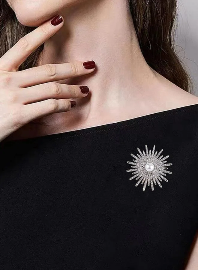 تايك تو دبوس بروش فضي على شكل انفجار شمسي كريستالي مع لؤلؤ صناعي