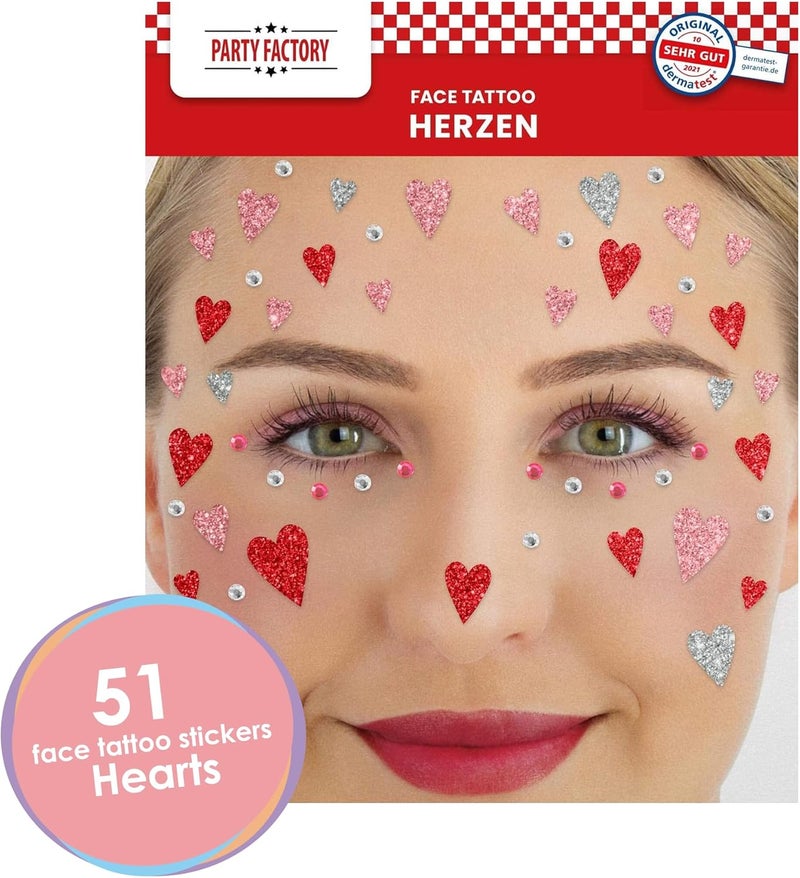 Party Factory Home & professional compatible Face Tattoo Hearts, Temporary Glitter Face Tattoo for Theme Party, Halloween & Carnival, Children and Adults Easy hand assemble compatible - Image 2