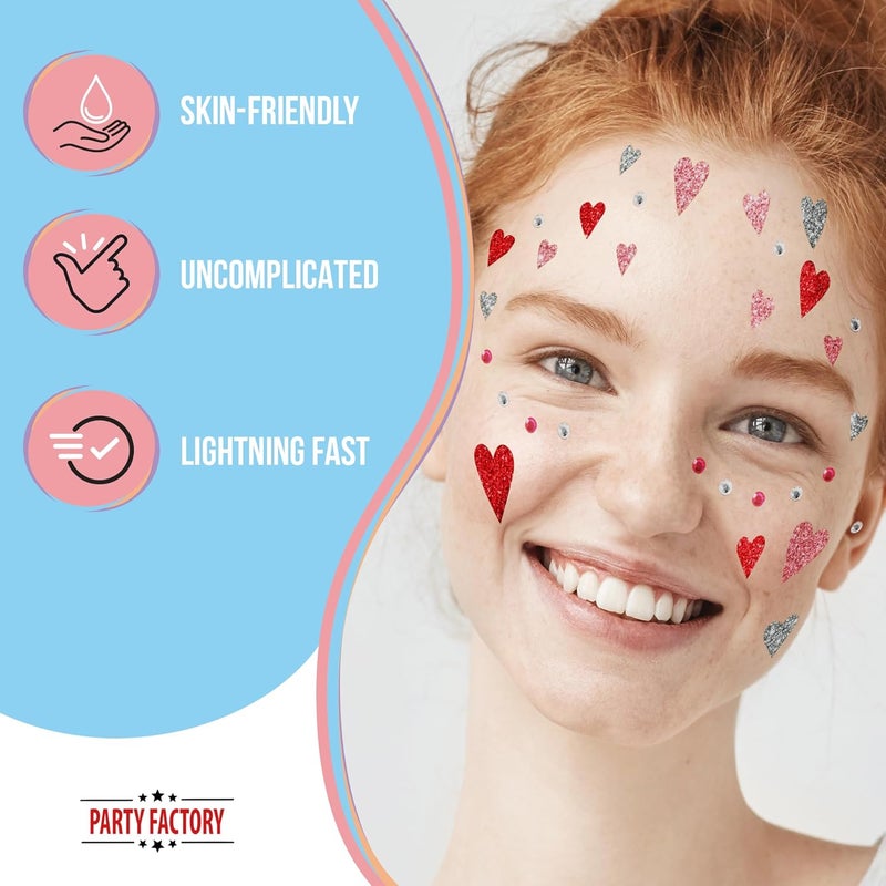 Party Factory Home & professional compatible Face Tattoo Hearts, Temporary Glitter Face Tattoo for Theme Party, Halloween & Carnival, Children and Adults Easy hand assemble compatible - Image 4