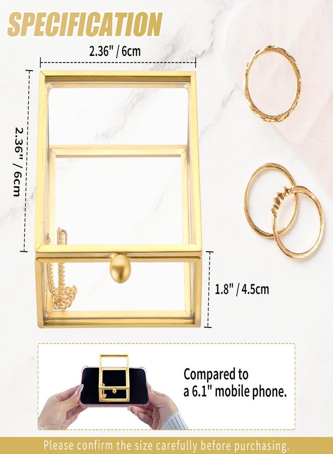 FLKQC Square Vintage Gold Transparent Jewelry Box, 6 x 6 x 4.5cm Glass Jewelry Box for Display, Decorative, Trinket Box for Rings, Earrings, Keepsakes, Clear Glass Jewelry Display Case - Image 2
