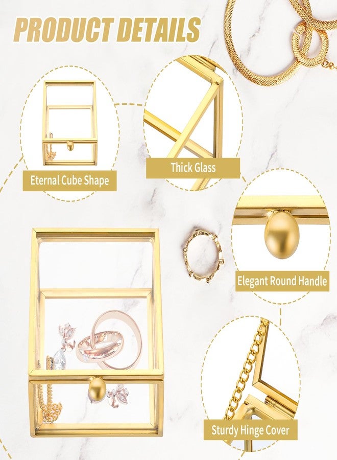 FLKQC Square Vintage Gold Transparent Jewelry Box, 6 x 6 x 4.5cm Glass Jewelry Box for Display, Decorative, Trinket Box for Rings, Earrings, Keepsakes, Clear Glass Jewelry Display Case - Image 3