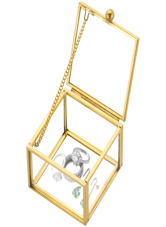 FLKQC Square Vintage Gold Transparent Jewelry Box, 6 x 6 x 4.5cm Glass Jewelry Box for Display, Decorative, Trinket Box for Rings, Earrings, Keepsakes, Clear Glass Jewelry Display Case - Image 1