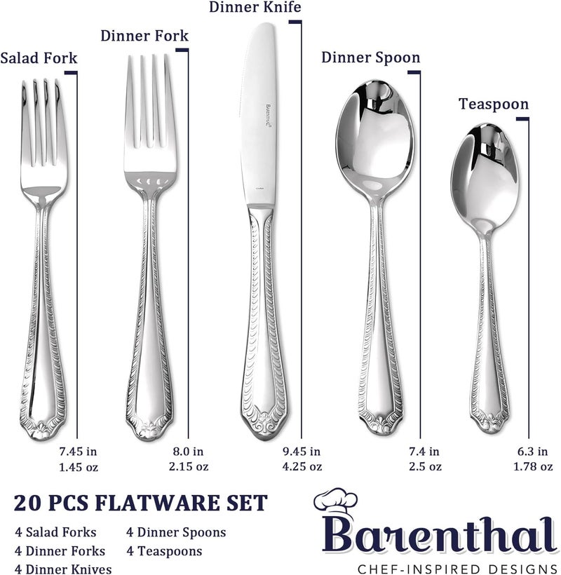 Barenthal طقم أدوات مائدة ثقيل لـ 4 أشخاص بارينثال 20 قطعة طقم أدوات مائدة فاخرة عتيقة بلمسة مرآة آمنة للغسالة مصنوعة من الفولاذ المقاوم للصدأ 1810 طقم أدوات مائدة للمنزل والمطعم والحفلات وهدايا عيد الميلاد - Image 2