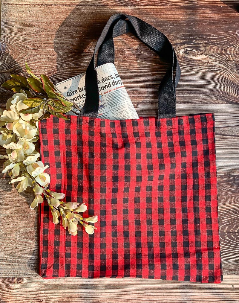 PIXEL HOME Eco-Friendly Cotton Grocery Shopping Bags (Pack of 2) - Red & Black - Image 2