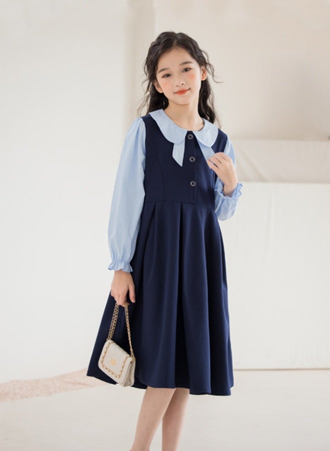 Girls A Line Dress with Shirt Collar, Long Sleeve Button Down Shirtdress for Girls, Stylish Unique Fake Two Piece Frock, Suitable for Daily Wear or Any Occasion - Image 2