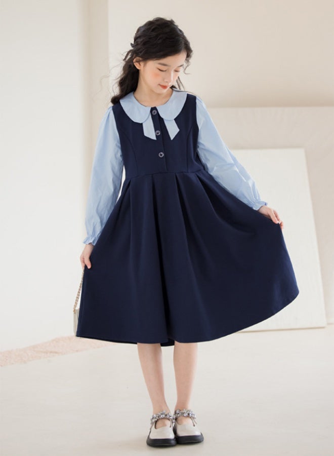 Girls A Line Dress with Shirt Collar, Long Sleeve Button Down Shirtdress for Girls, Stylish Unique Fake Two Piece Frock, Suitable for Daily Wear or Any Occasion - Image 4