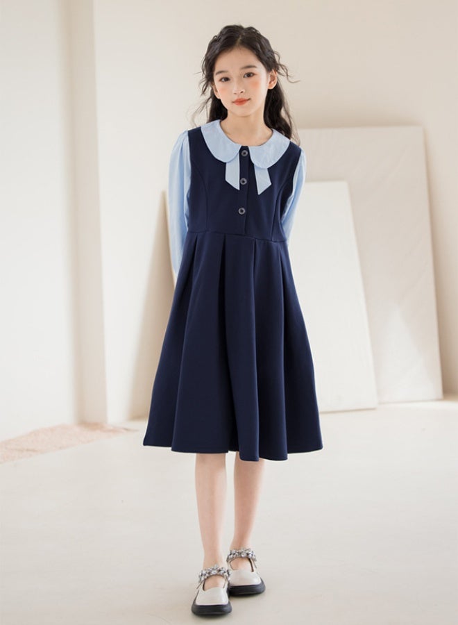 Girls A Line Dress with Shirt Collar, Long Sleeve Button Down Shirtdress for Girls, Stylish Unique Fake Two Piece Frock, Suitable for Daily Wear or Any Occasion - Image 3
