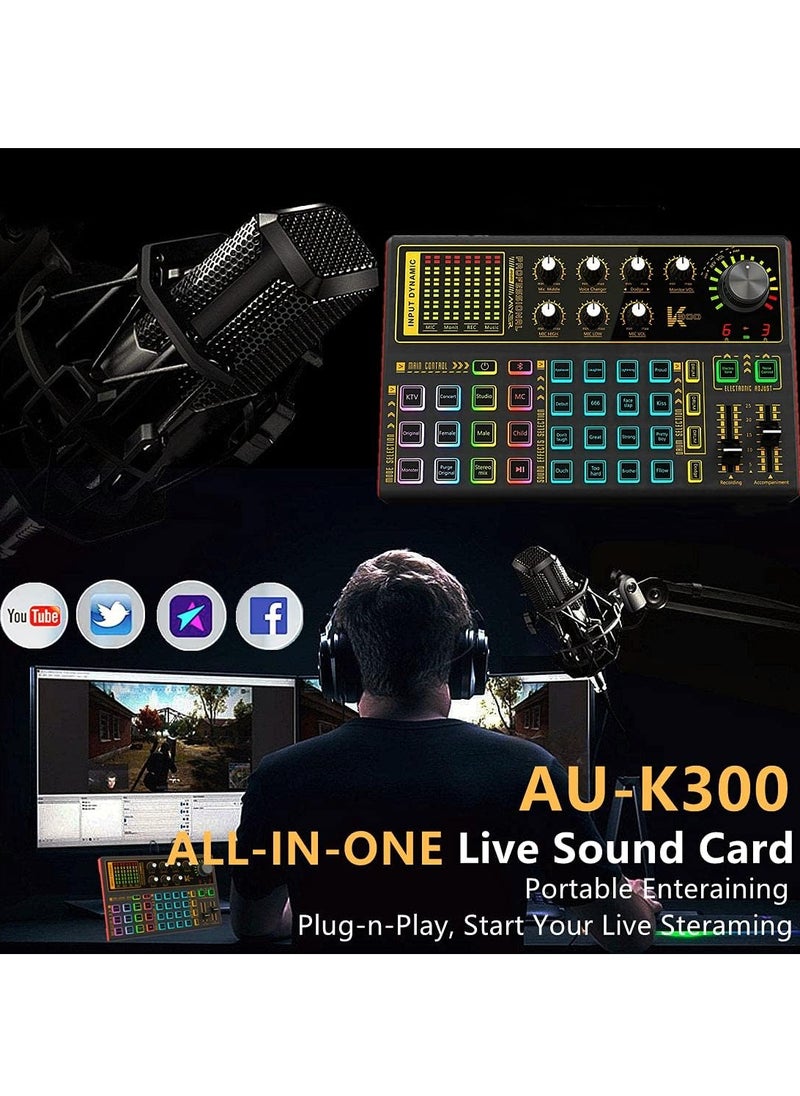 Generic - Professional Audio Mixer, K300 Live Sound Card and Audio Interface Sound Board with Multiple DJ Mixer Effects,Voice Changer and LED Light, Prefect for Streaming/Podcasting/Gaming/Recording/YouTube/PC - Image 1