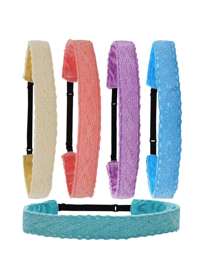 FROG SAC 5 Lace Headbands For Girls, Adjustable No Slip Stretch Elastic Girl Headband, Dressy Pastel Lacy Headwraps, Cute Plain Solid Color Hair Accessories For Kids Easter Basket Stuffers  - Image 1