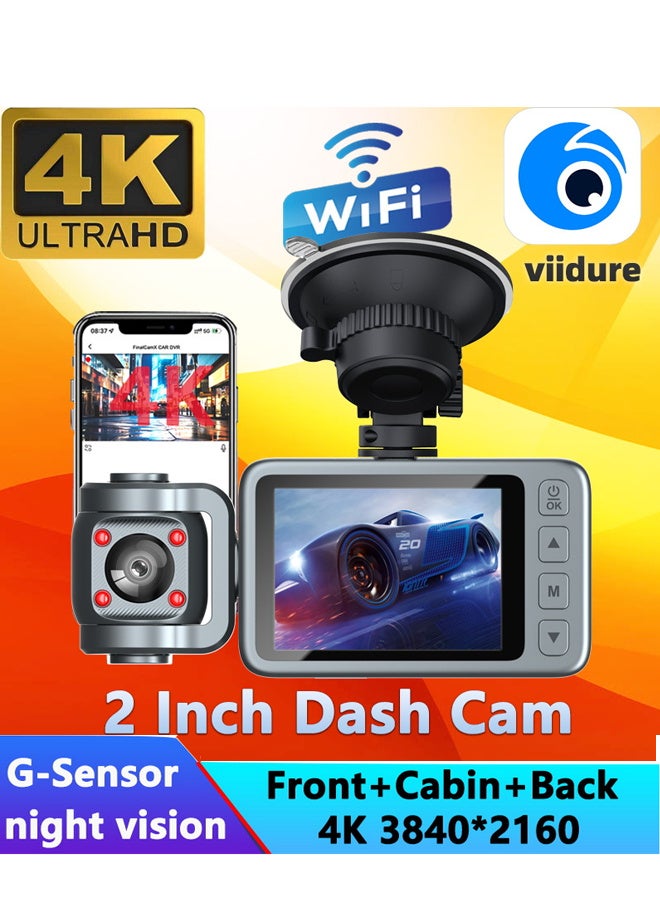 إكس ليفيل كاميرا Dash بزاوية 360 درجة، كاميرا Dash بدقة 4K، كاميرا ثلاثية القنوات، داخلية خلفية مع بطاقة SD بسعة 128 جيجابايت، كاميرا Dash بدقة 4K + 720P + 720P مع واي فاي 5G، مجموعة توصيل صلبة للسيارات، رؤية ليلية بالأشعة تحت الحمراء، حساس G، وضع وقوف السيارات على مدار 24 ساعة. - Image 2