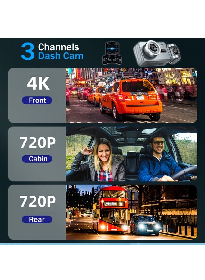 إكس ليفيل كاميرا Dash بزاوية 360 درجة، كاميرا Dash بدقة 4K، كاميرا ثلاثية القنوات، داخلية خلفية مع بطاقة SD بسعة 128 جيجابايت، كاميرا Dash بدقة 4K + 720P + 720P مع واي فاي 5G، مجموعة توصيل صلبة للسيارات، رؤية ليلية بالأشعة تحت الحمراء، حساس G، وضع وقوف السيارات على مدار 24 ساعة. - Image 4