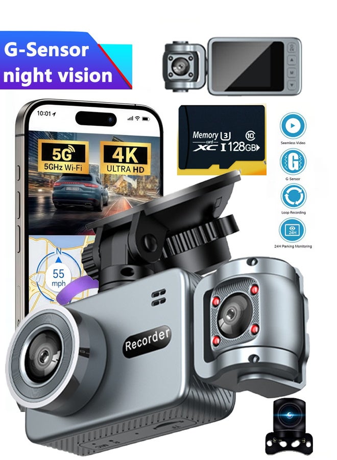 إكس ليفيل كاميرا Dash بزاوية 360 درجة، كاميرا Dash بدقة 4K، كاميرا ثلاثية القنوات، داخلية خلفية مع بطاقة SD بسعة 128 جيجابايت، كاميرا Dash بدقة 4K + 720P + 720P مع واي فاي 5G، مجموعة توصيل صلبة للسيارات، رؤية ليلية بالأشعة تحت الحمراء، حساس G، وضع وقوف السيارات على مدار 24 ساعة. - Image 1