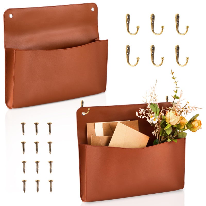 Marspark 2 Set PU Leather Mail Holder Wall Mount 122x1024 Inch Leather Letter Holder 2 Ring Binder Hanging Wall File Organizer Mail Sorter for Decor Storage Letter Postcard Flower Home OfficeBrown - Image 2