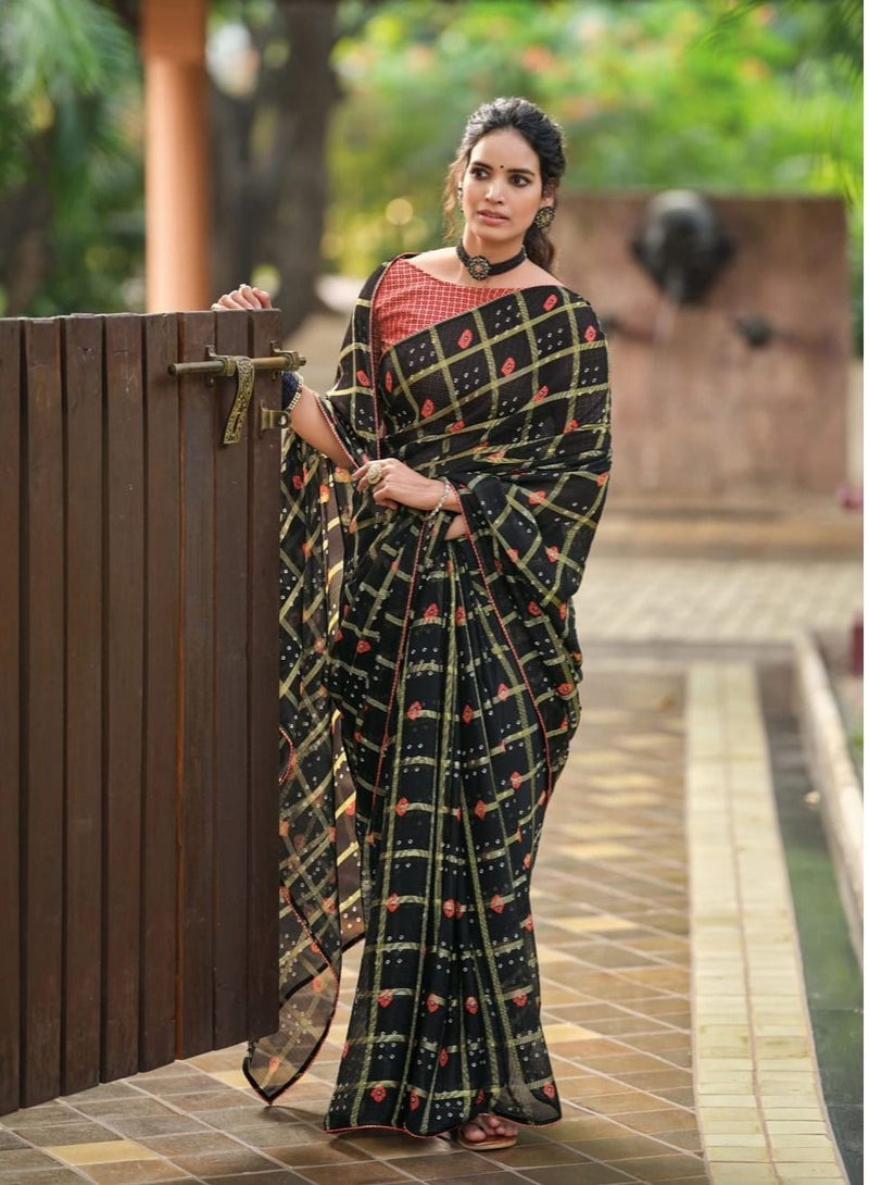 Grab Mantra Black Chiffon Saree With Geometric Check Design Having Gold And Red Colour With Unstitched Blouse  - Image 3