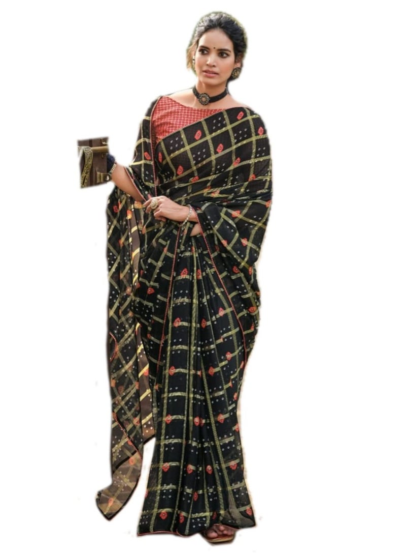 Grab Mantra Black Chiffon Saree With Geometric Check Design Having Gold And Red Colour With Unstitched Blouse  - Image 1