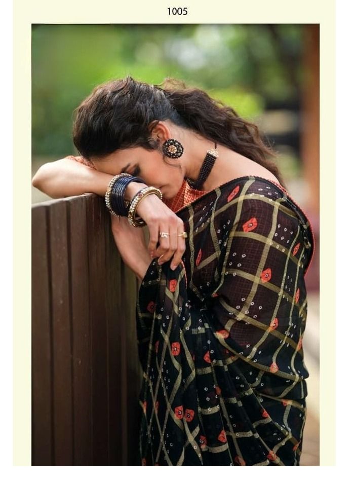 Grab Mantra Black Chiffon Saree With Geometric Check Design Having Gold And Red Colour With Unstitched Blouse  - Image 2