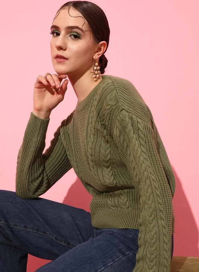 STREET 9 Cable Knit Pullover for Women in Olive Green