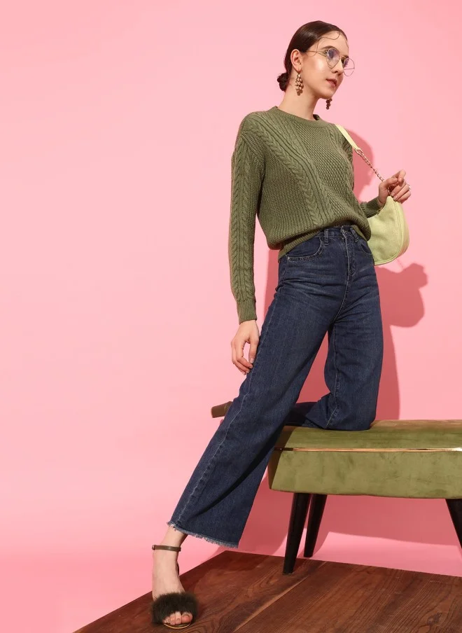 STREET 9 Cable Knit Pullover for Women in Olive Green