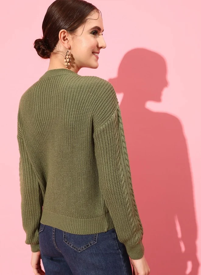 STREET 9 Cable Knit Pullover for Women in Olive Green