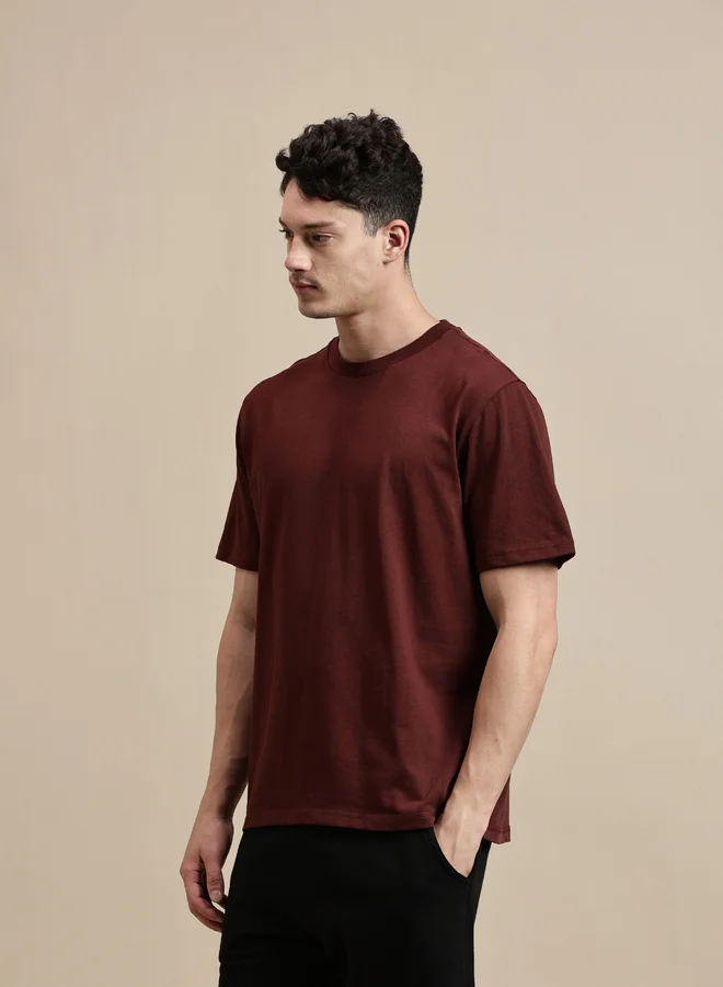 ECOLORE Men Brown Crew Neck 100% Cotton Comfort Fit T-Shirt