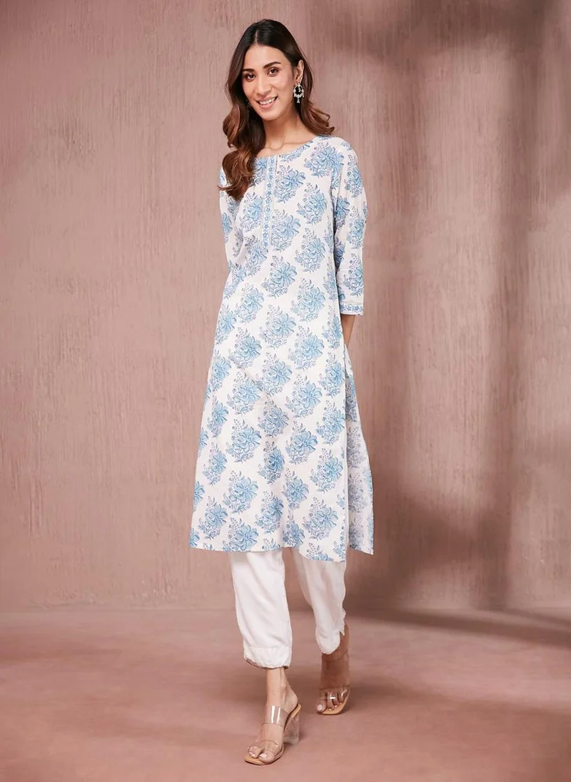 فاب انديا White Cotton Hand Block Printed Long Kurta