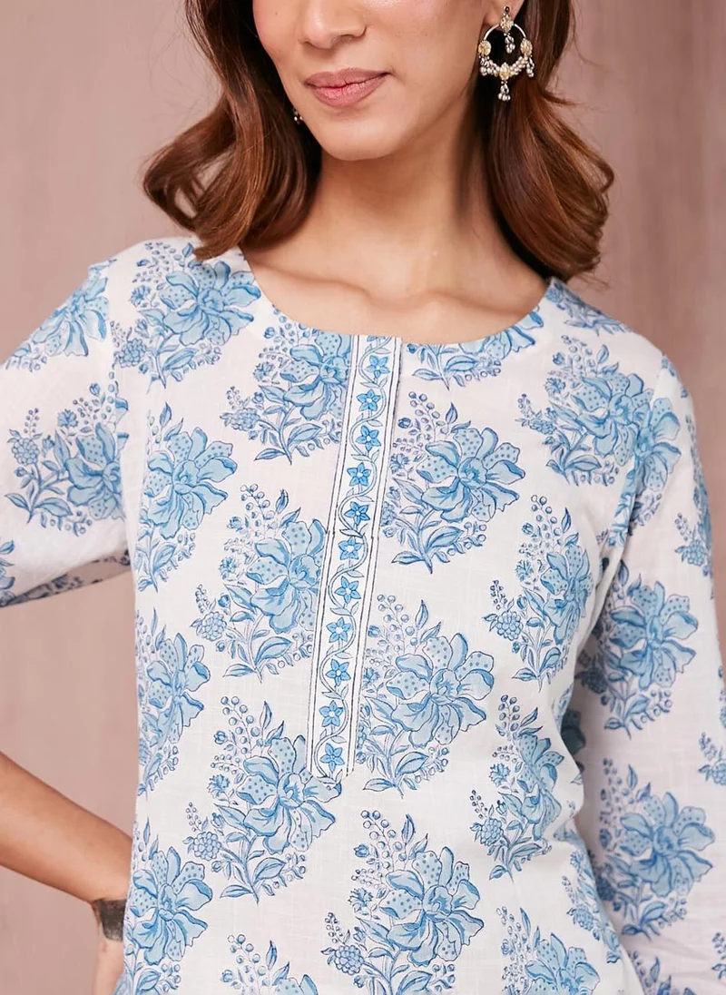 Fabindia White Cotton Hand Block Printed Long Kurta