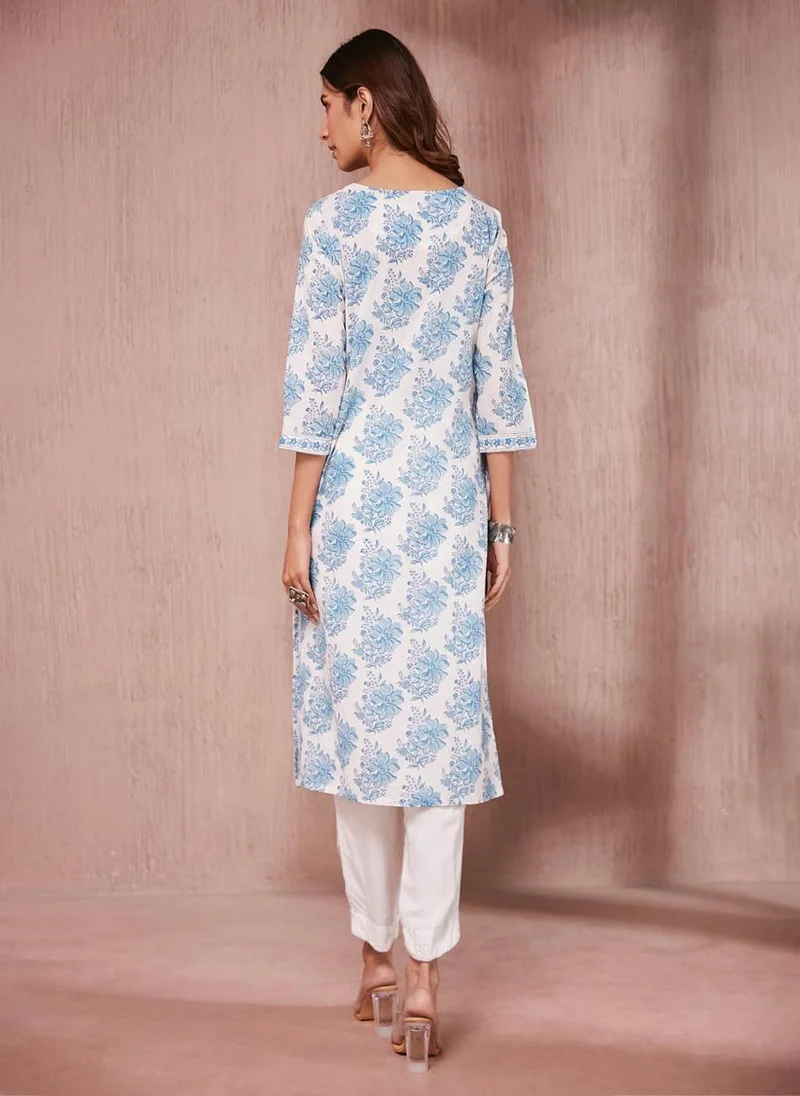 Fabindia White Cotton Hand Block Printed Long Kurta