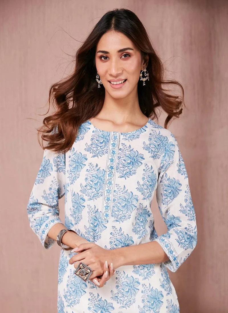 Fabindia White Cotton Hand Block Printed Long Kurta