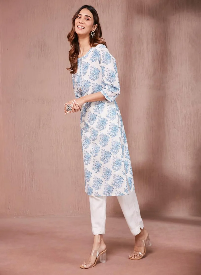 Fabindia White Cotton Hand Block Printed Long Kurta
