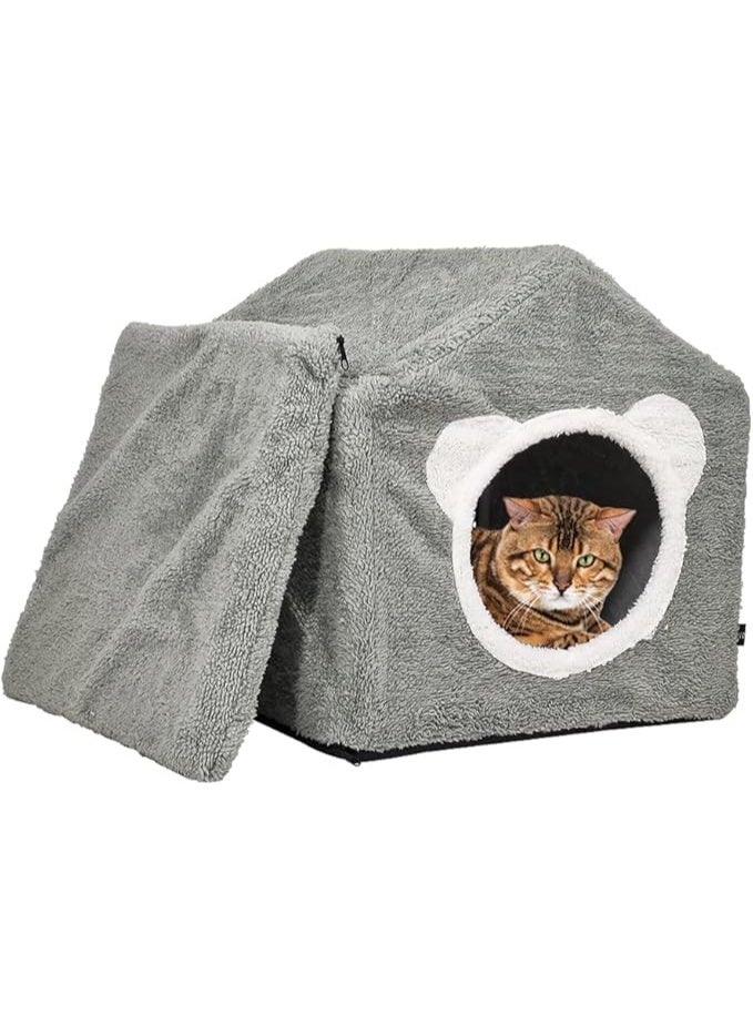 NNC PETS House-design cat shelter with a removable soft mat, Indoor cat bed for medium to large-sized cats, Detachable, Easy to clean and assemble, Anti-slip bottom 42 cm (Grey) - Image 1