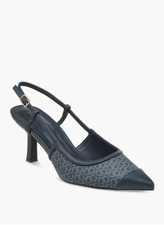 Celeste Women's Monogram Print Slingback Shoes with Kitten Heels