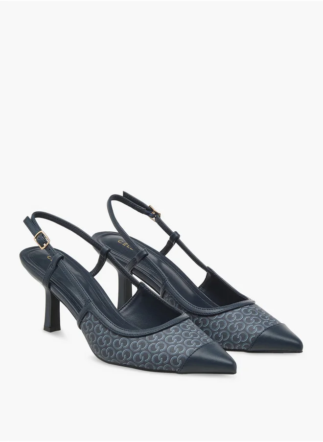 Celeste Women's Monogram Print Slingback Shoes with Kitten Heels