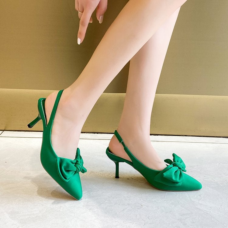 Baotou Sandals Women''s Sandals High Heels Bow Pointed Toe Shallow Mouth Thin Heel Back Strap Shoes Women - Image 1