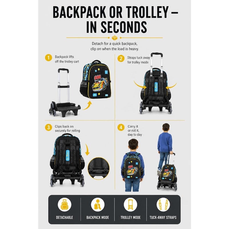 Rolling School Backpack with 3 Wheel Trolley, Detachable School Bag Set for Boys, Wheeled Bookbag with Pencil Case, Large Capacity - Image 2