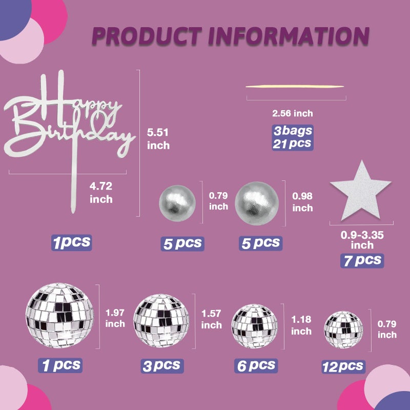SONICEBUY 40Pcs Disco Ball Cake Toppers Silver Balls Cake Decorations with Silver Mirror Balls Happy Birthday Cake Topper Star Cake Toppers for 70s 80s 90s Disco Music Dance Themed Party Decorations Supplies - Image 3
