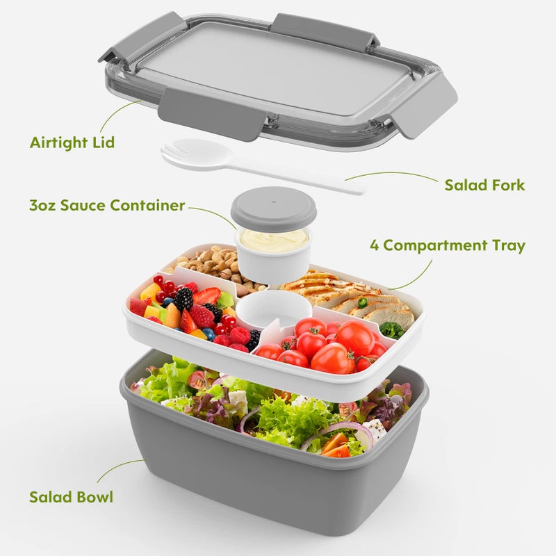 Cherrysea 2Pack Salad Lunch Container, 68oz Salad Bowls with 4 Compartments Tray,Leak Proof Lunch Box with Fork for Men,Women BPA-Free Snack Container with Sauce Container for Dressings-Grey - Image 2