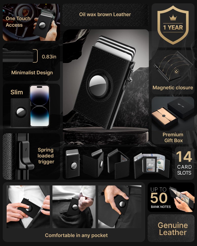 typecase AirTag Wallet for Men: Compatible with Apple AirTag (1st & 2nd Generation), RFID Blocking, Genuine Leather, Slim & Minimalist Design - 14 Card Capacity | ID Window | Cash Slot (Dark Black) - Image 2