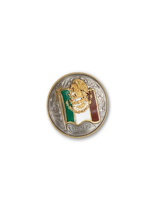 ARIAT Oval Buckle with Mexico Flag Motif, Rope Edge Detailing, Antique Silver and Gold Finish, 4" x 3-1/4"