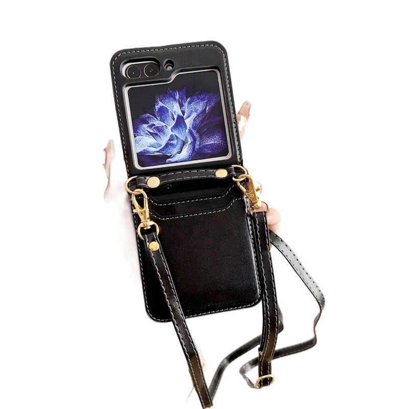 غطاء واقي | حامل بطاقات | أسود | PU | مقاوم للصدمات | مقاوم للصدمات لـ Samsung Galaxy Z Flip 5 - Image 1