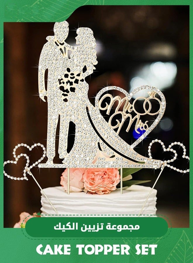 DURKU Gold Rhinestone Heart Love Cake Topper for Wedding Anniversary Party Cake Decoration - Funny Diamond Bride Groom Crystal Toppers - Unique Metal Mr Mrs Cake Décor Supplies - Image 1