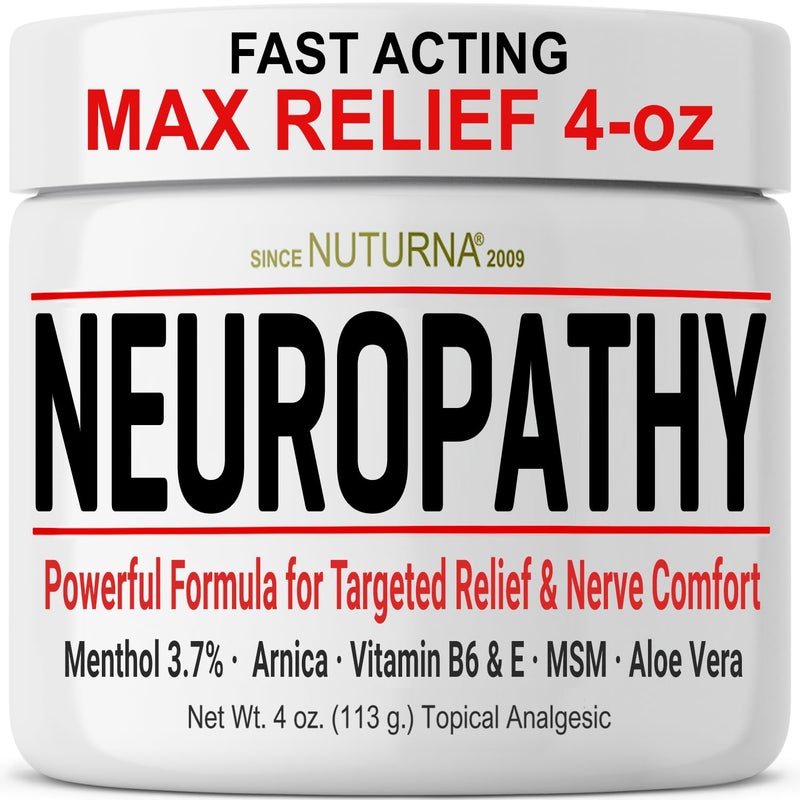 Nuturna Neuropathy Nerve Relief Cream Fast Acting Max Relief for Feet Hands Legs Toes Back Ultra Strength Menthol Arnica Aloe Vera MSM Soothing Natural Nerve Comfort Relief ParabenFree 4 Oz