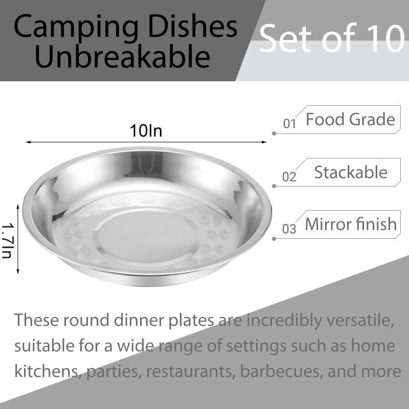 WUWEOT 10 Pack Stainless Steel Dinner Plates, 10" Round Kitchen Metal Dish Plates, Rust-Proof Camping Serving Plates for BBQ, Snack, Salad, Appetizer, Fruit, Cookies - Image 2