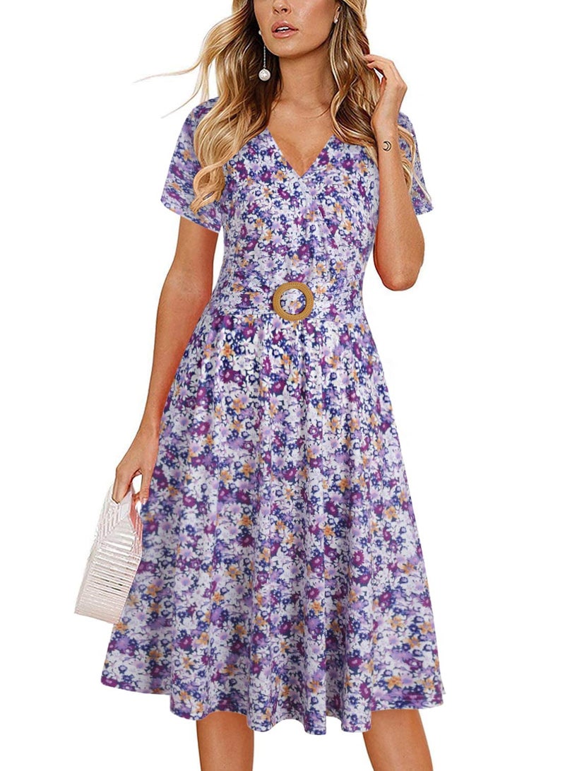 HELYO Women's Elegant Criss-Cross V Neck Vintage Short Sleeve Work Casual Fit and Flare Tea Dress with Pockets 980 (M, Purple Floral) - Image 1
